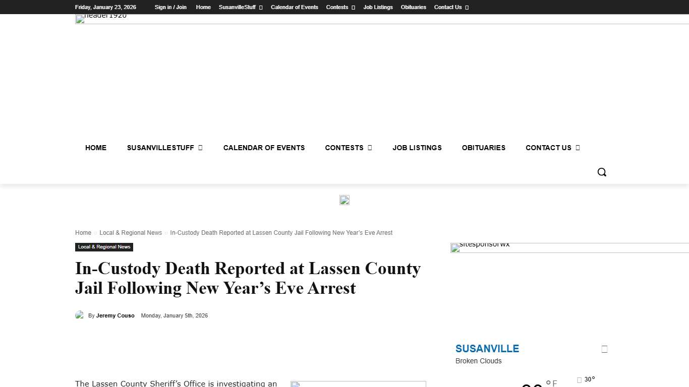 In-Custody Death Reported at Lassen County Jail Following New Year’s Eve Arrest SusanvilleStuff.com
